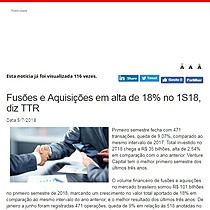 Fuses e Aquisies em alta de 18% no 1S18, diz TTR